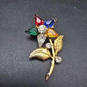 Colorful Rhinestone Star Flower Brooch Gold Tone Order of Eastern Star Vintage